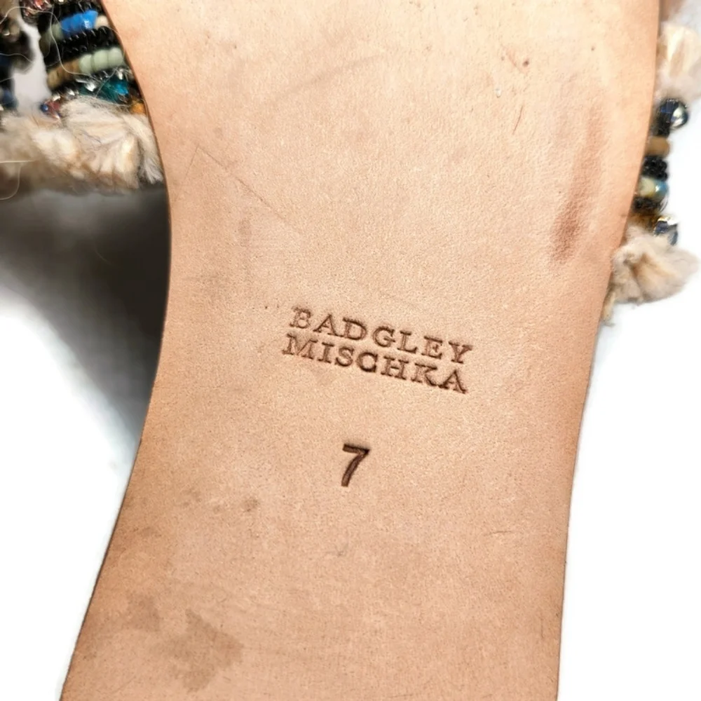 Badgley Mischka Fortune Nude Cream Feathers Beads Open-Toe Flat Slide-On Sandals